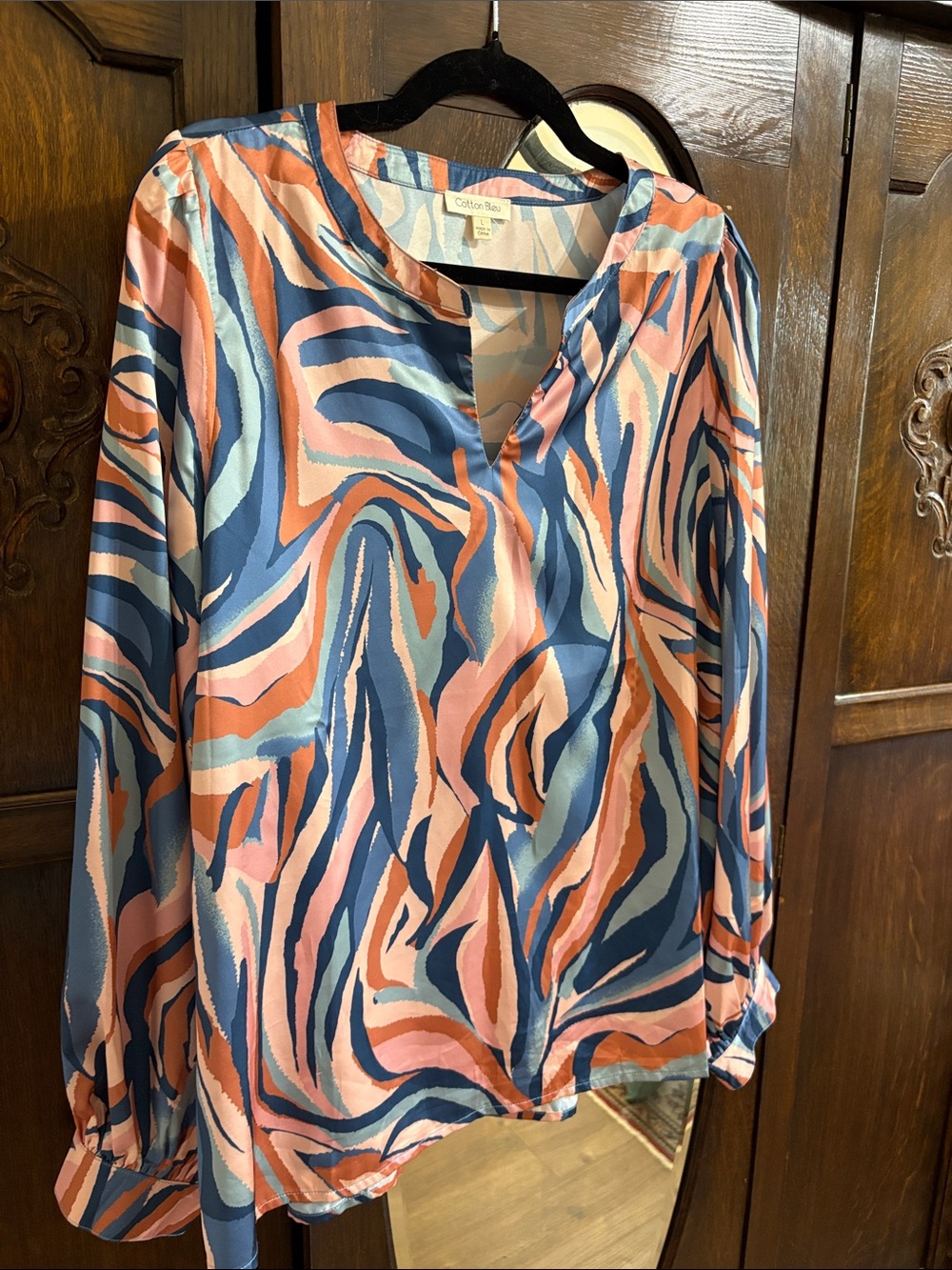 Collarless Abstract Print Blouse in Pink & Blue — Cotton Road